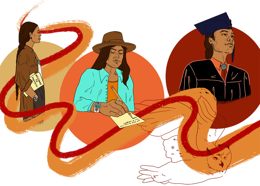 Illustration by Malaya Tuyay. It is a mural of a diverse group of students sitting on the floor reading a book.